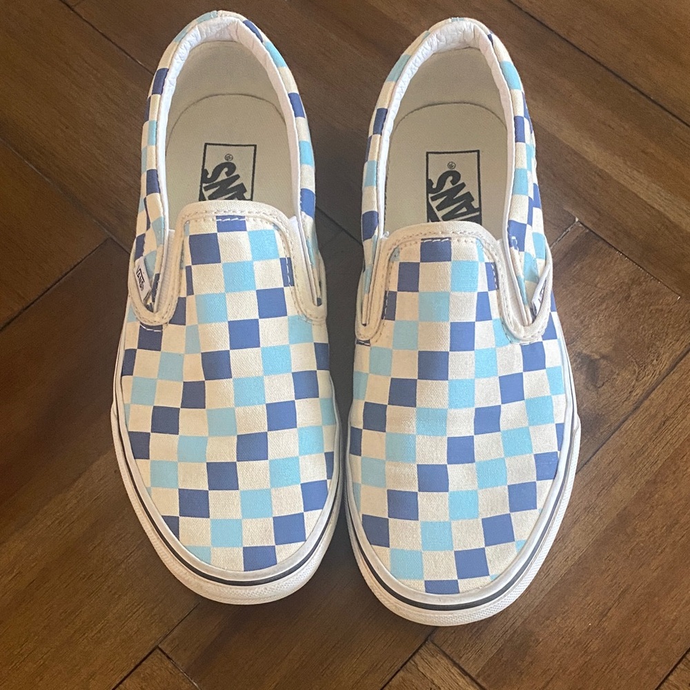Vans Light Blue and White Checkered Slip-On Sneakers. LIKE NEW